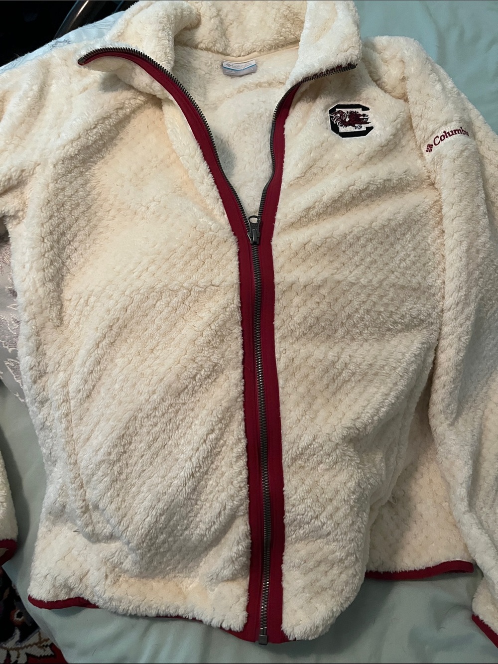 Columbia Cream Fleece Jacket with Garnet Trim